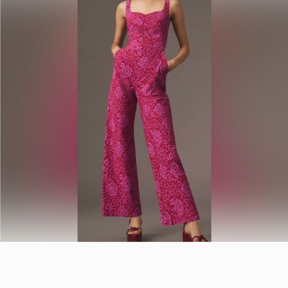Anthropologie Maeve Pink Floral Jumpsuit with Wide-Leg Design